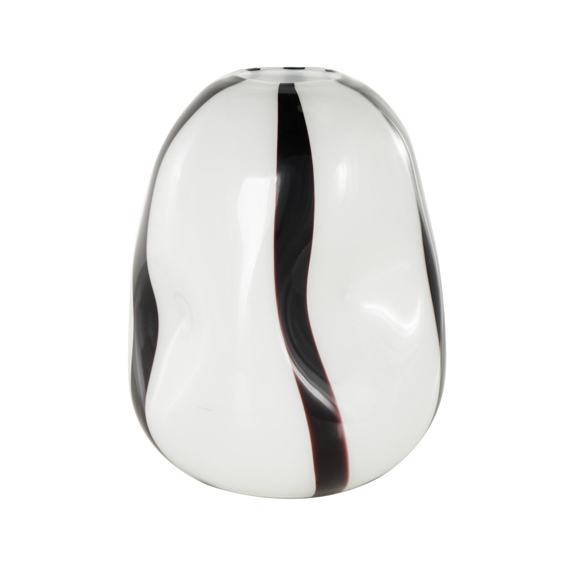 12" White & Black Stripes Glass Round Concaved Vase